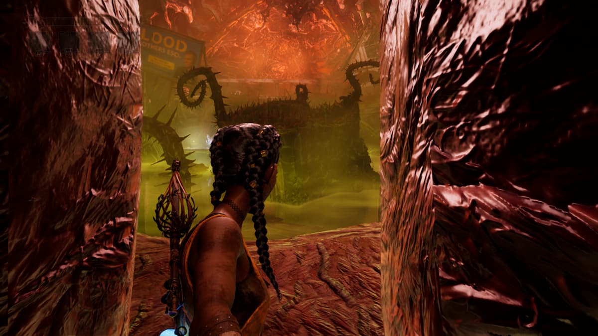 a girl in braids squeezes through a narrow gap towards a thorny mass